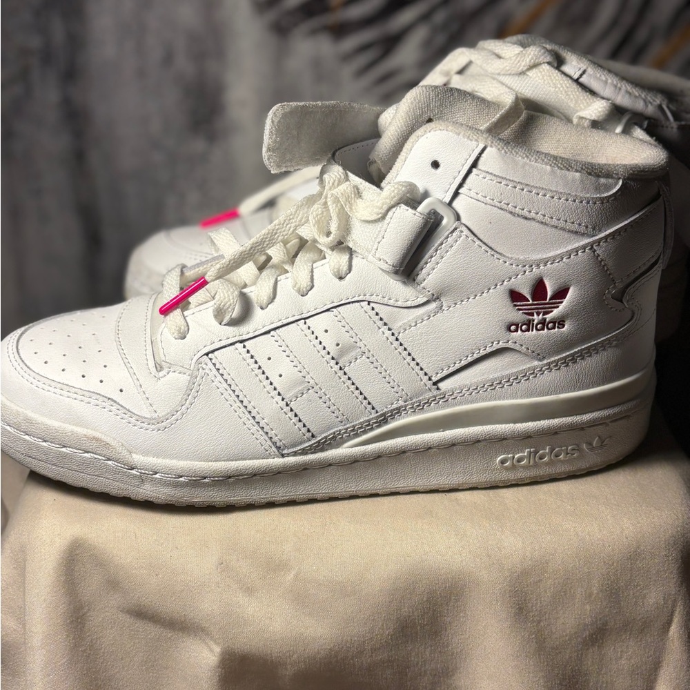 Adidas Women’s White and Pink High-Top Sneakers